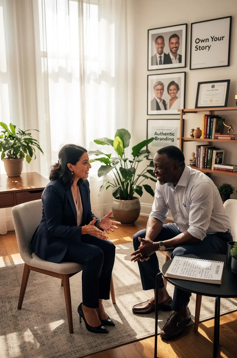 Ekspert doradzający klientowi podczas sesji konsultacyjnej dotyczącej strategii marki